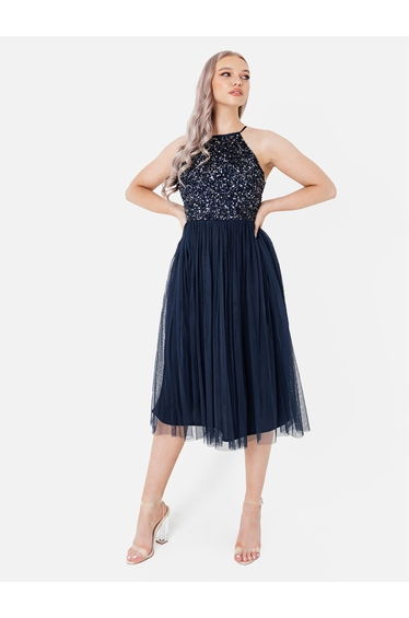 Maya Navy Embellished Halter Neck Midi Dress