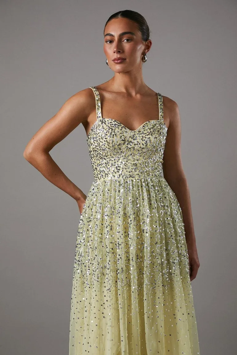 scatter sequin dress ASOS DESIGN US Exclusive embellished scatter sequin plunge maxi dress with balloon sleeve in light pink