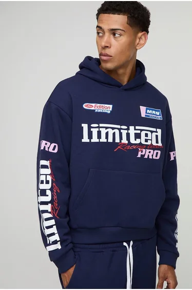 Oversized Boxy Moto Graphic Hoodie - navy