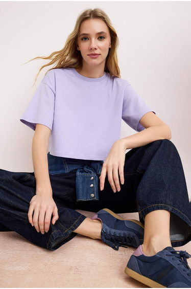 Premium Lila Relaxed/Comfortable Fit 100% Thick Cotton Crop Knitted T-Shirt