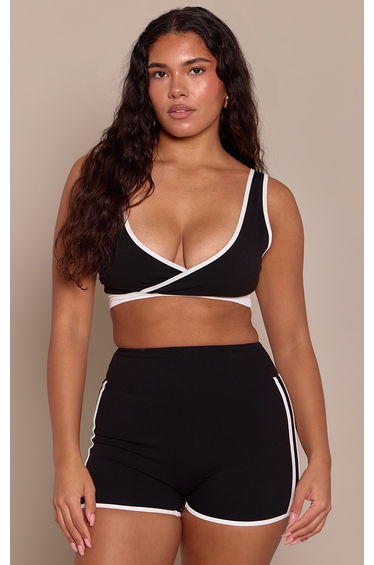 Shape Black Built In Bra Sculpt Contrast V-Neck Sports Bra
