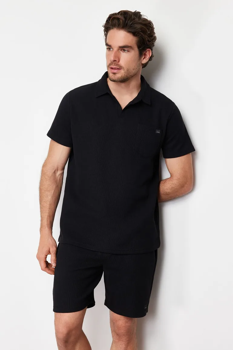 Men's Black Regular/Normal Fit Polo Neck Labeled T-Shirt Shorts Tracksuit Set - 6