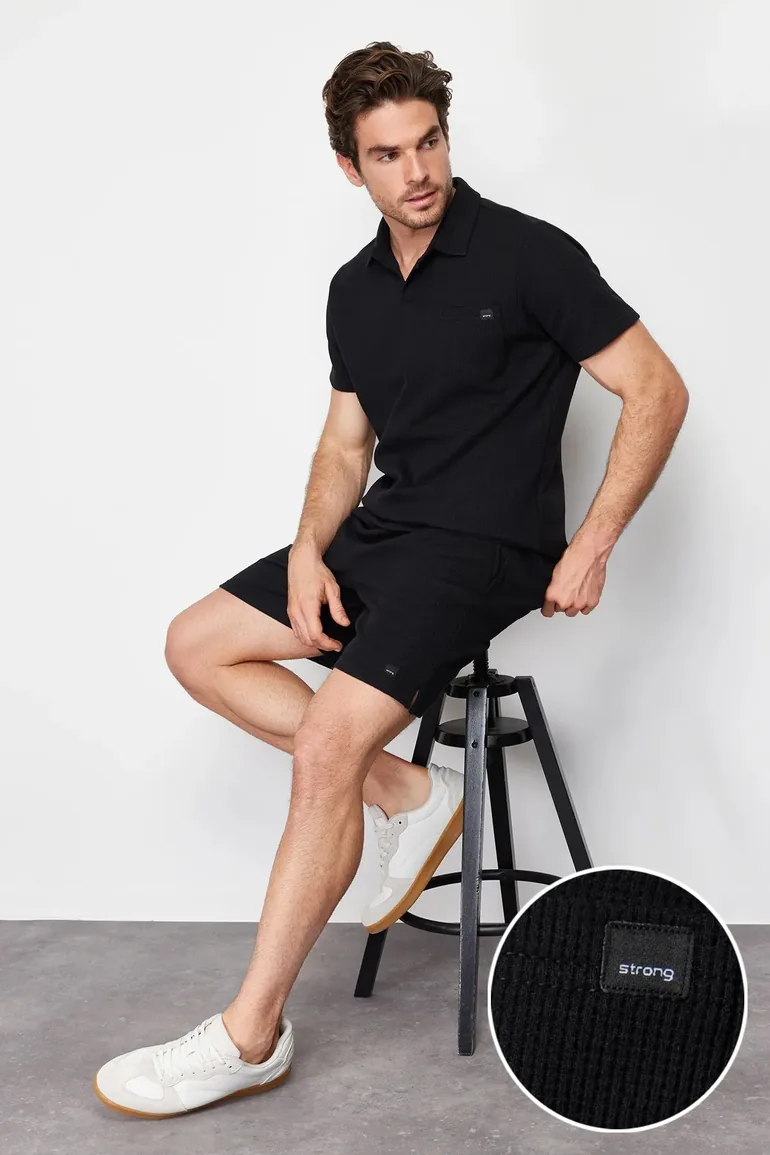 Men's Black Regular/Normal Fit Polo Neck Labeled T-Shirt Shorts Tracksuit Set - 2
