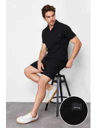 Men's Black Regular/Normal Fit Polo Neck Labeled T-Shirt Shorts Tracksuit Set - 2