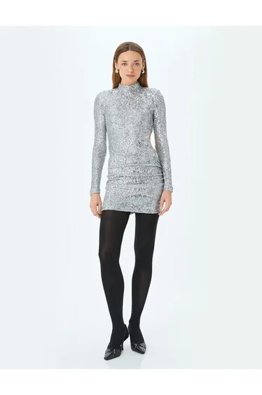 Stand Collar Long Sleeves Window Detail Sequined Mini Evening Dress