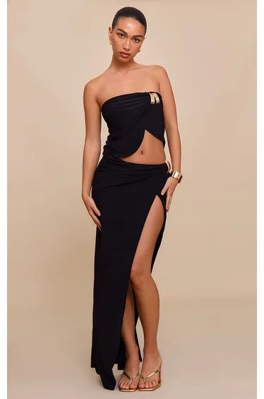 Black Double Layer Bandeau Trim Detail Maxi Skirt