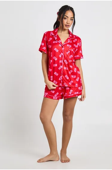 Valentines 'Lucky You' Print Short Sleeve Shirt & Shorts 3 Piece Pyjama Set - red
