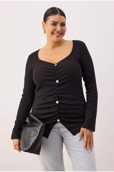 Black Heart-Neck Button Detailed Camisole Flexible Knitted Plus Size Blouse