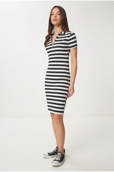Women's Black Bone Striped Summer Knitted Dress