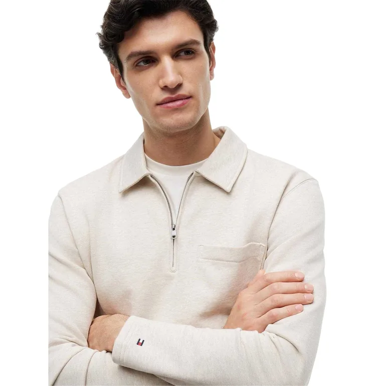 Tommy Hilfiger Mens Fleece Quarter Zip Polo Shirt - Heather Oat - 2