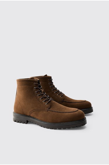 Faux Suede Lace Up Track Sole Boot - chocolate