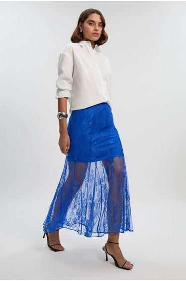Sheer Lace Godet Woven Maxi Skirt