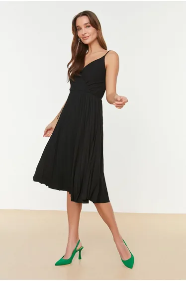 Black Pleated A-Line Midi Dress