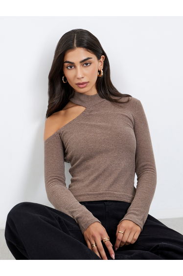 Brown One-Shoulder Knit Top