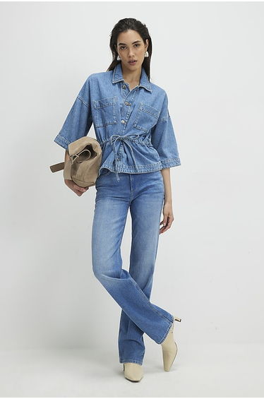 Blue Denim Tie Front Top