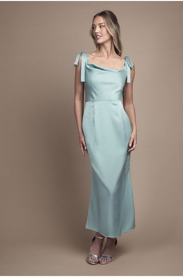 Satin Tie Shoulder Cowl Front Midi Bridesmaid Dress