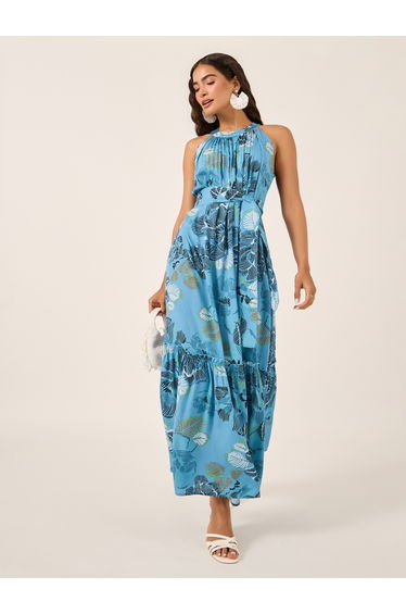 All Over Print Halter Neck A-Line Maxi Dress