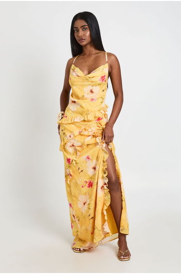 Floral Chiffon Layered Ruffle Detail Maxi Dress - orange