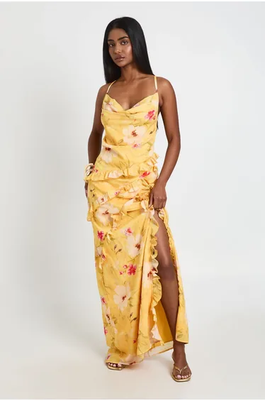 Floral Chiffon Layered Ruffle Detail Maxi Dress - orange