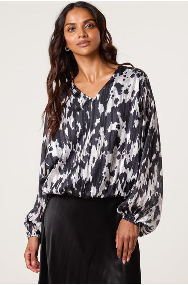 Metallic V Neck Bubble Hem Blouse