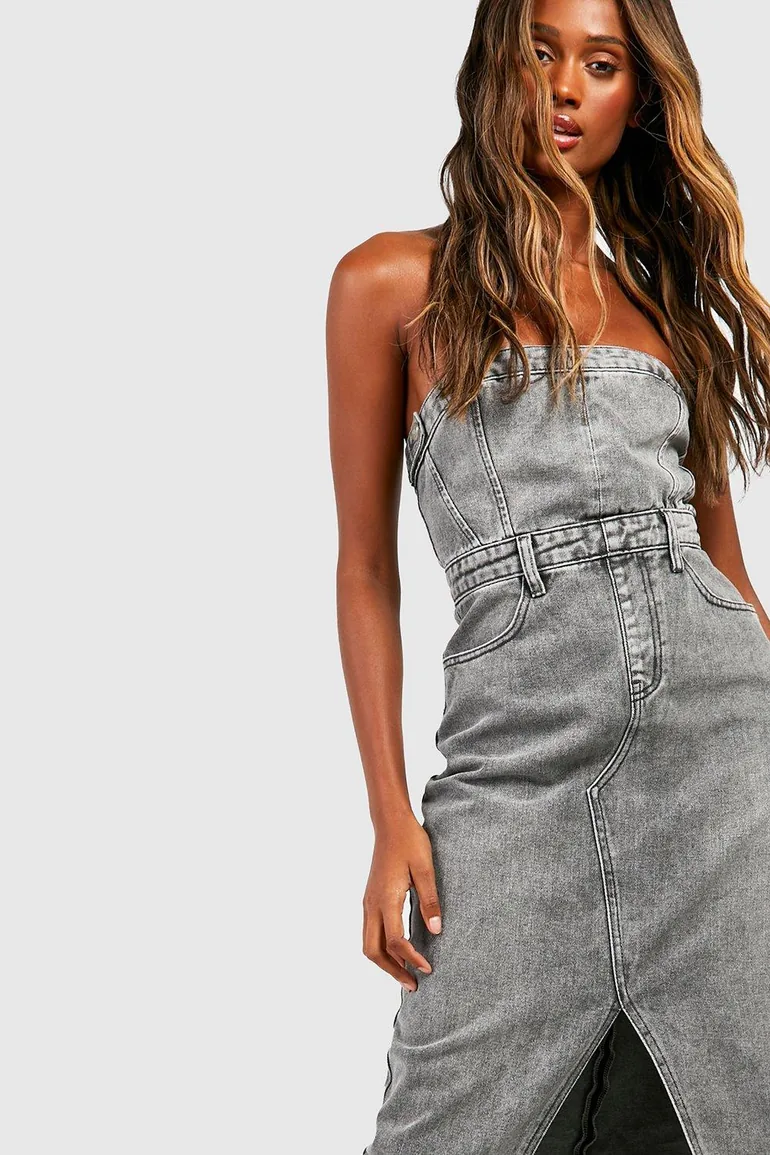 Shop Denim Bandeau Split Front Midi Dress - grey Online in Oman