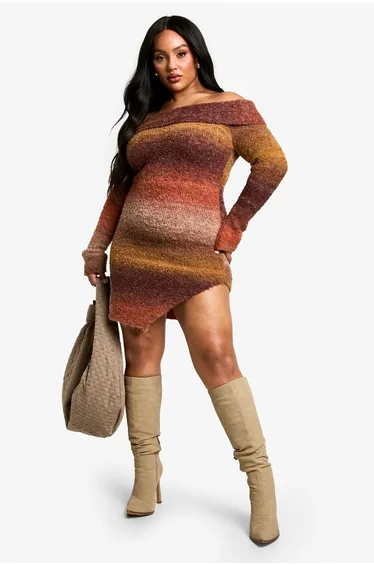 Plus Ombre Fluffy Knit Bardot Mini Dress - rust