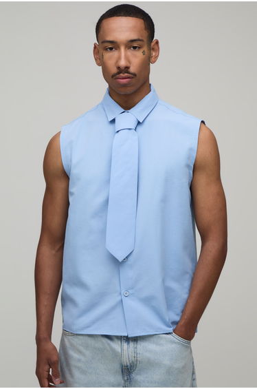 Regular Fit Sleeveless Shirt and Tie - blue
