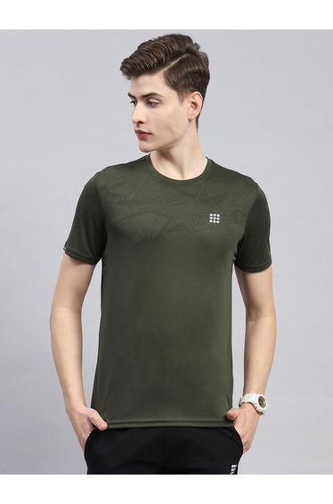 Men Olive Solid Round Neck Short Sleeves T-Shirt