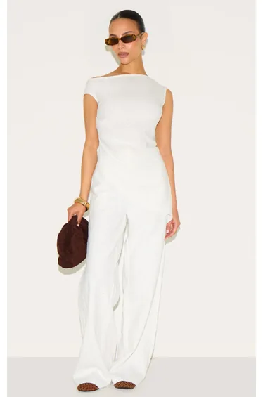 Petite White Lightweight Linen Look Woven One Shoulder Asymmetric Top