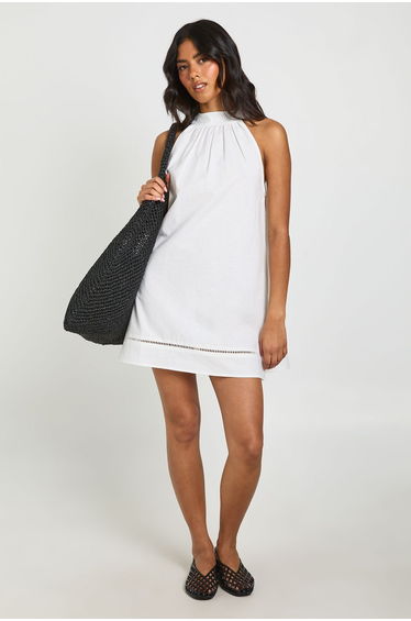 Ladder Insert High Neck Mini Dress - ivory