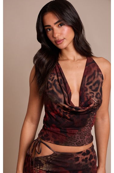 Petite Orange Printed Halterneck Cowl Top