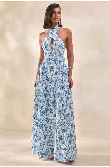 Liana | Blue Porcelain Print Halter-Neck Maxi Dress