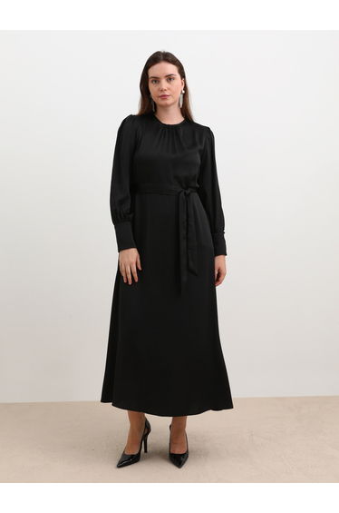 Plus Black Maxi Dress with Self Tie-Belt