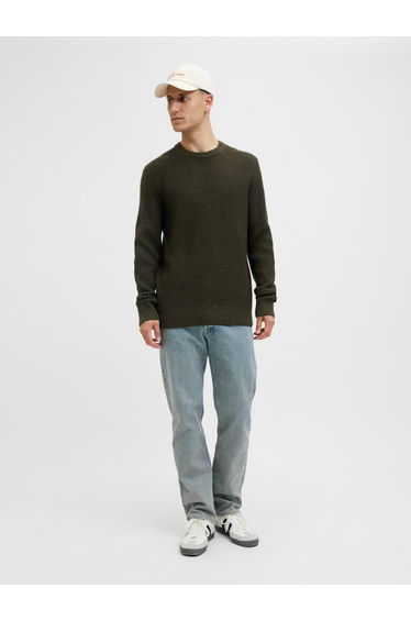 Dark Green Waffle Knit Crew Neck Sweater