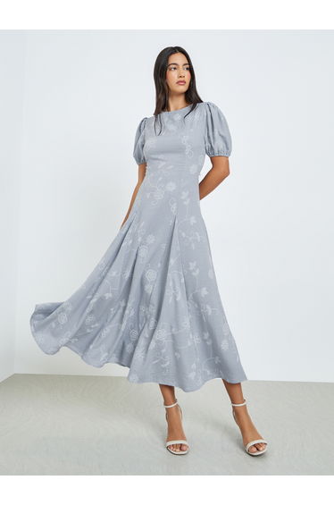 Grey Floral Puff Sleeves Maxi Dress