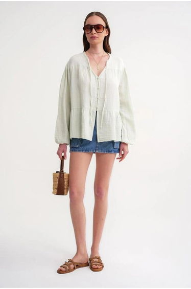 Mixray Long Sleeve Relaxed Fit Blouse with Tie-Neck