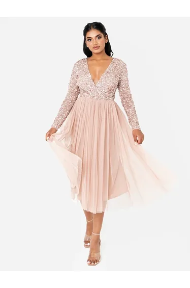 Maya Taupe Blush Faux Wrap Front Embellished Midi Dress