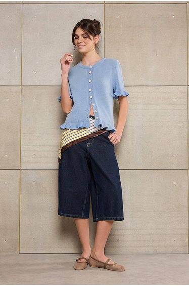 Light Blue Teen Light Blue Flower Button Detailed Crew Neck Knitwear Blouse