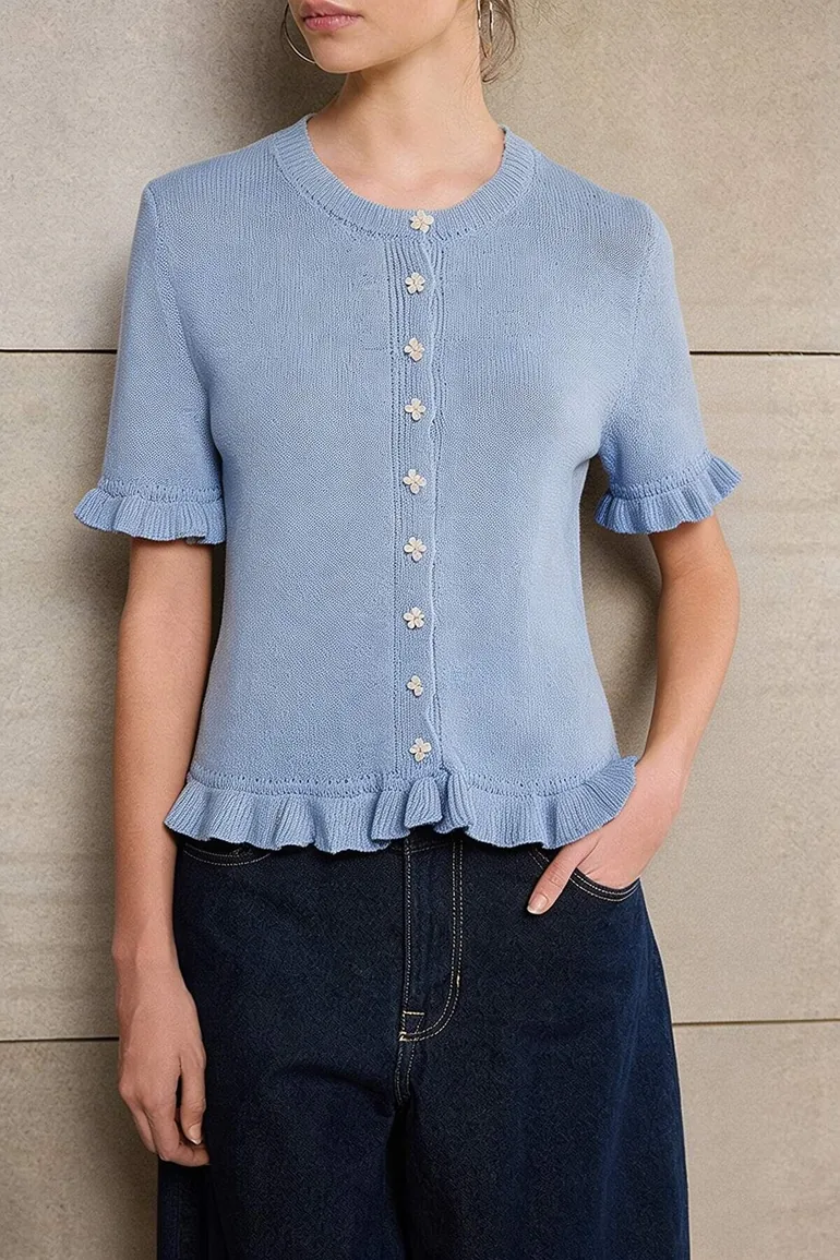 Light Blue Teen Light Blue Flower Button Detailed Crew Neck Knitwear Blouse - 2