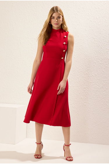 Red Button Detailed Midi Woven Dress with Opening Skirt at Waist