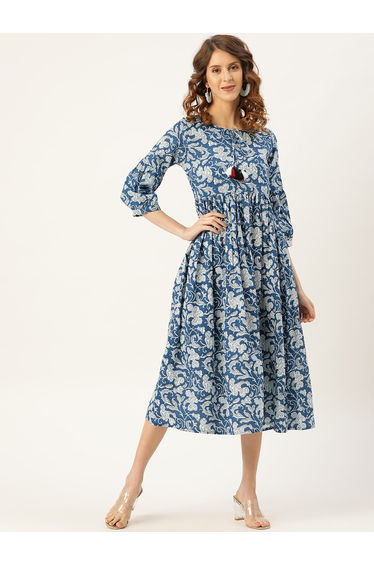 Floral Print Gathered Detail Midi Dress with Tie Up Neck Tassel Detail