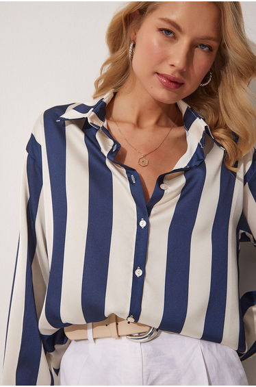 Women's Navy Blue Cream Striped Satin Shirt DD01206