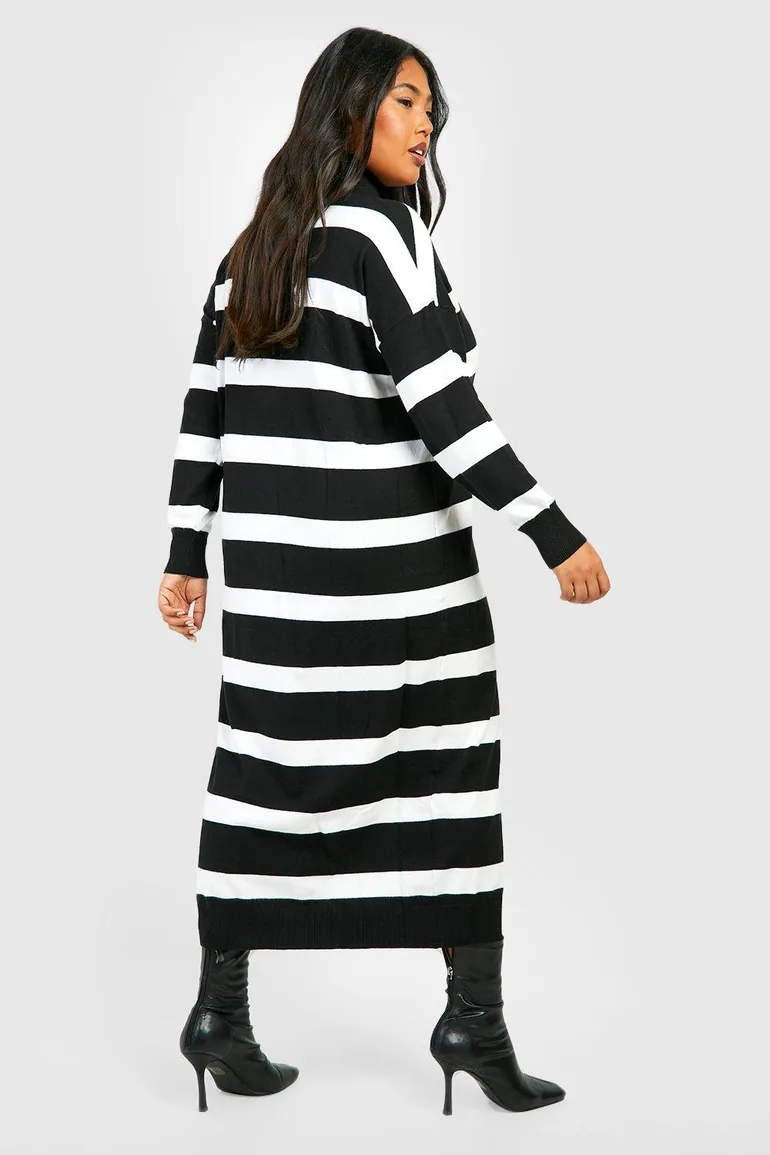 Plus Stripe Roll Neck Midaxi Knitted Dress - black - 1