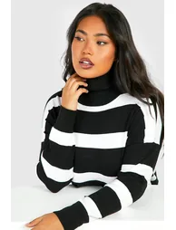 Plus Stripe Roll Neck Midaxi Knitted Dress - black - 3
