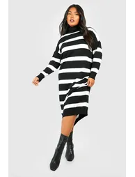 Plus Stripe Roll Neck Midaxi Knitted Dress - black