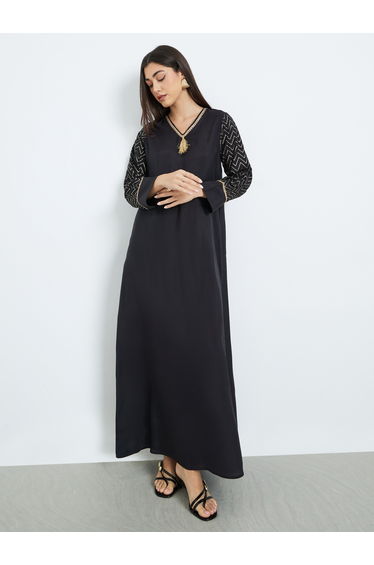 Black Foil Print V-Neck A-Line Jalabiya