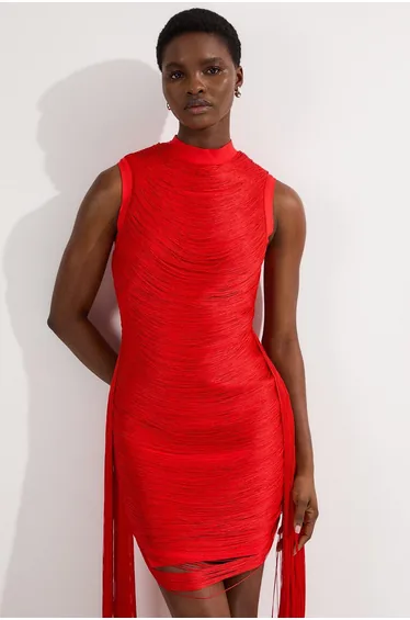 Bandage Figure Form Knit Tassel Mini Dress