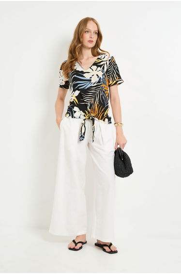 Tropical Jersey Tie Detail V Neck T Shirt