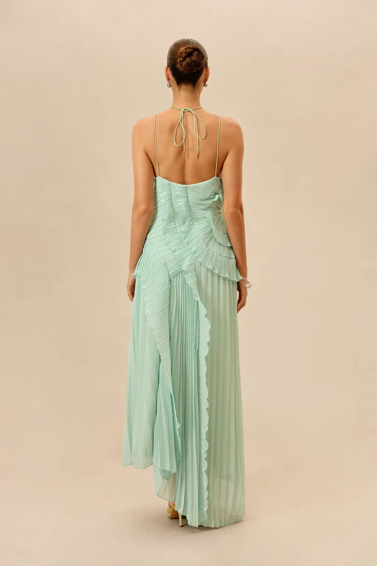 First Impression Mint Asymmetry Pleated Halterneck Maxi Dress - 5