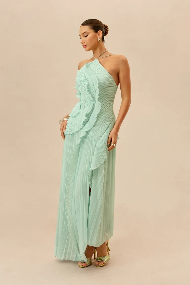 First Impression Mint Asymmetry Pleated Halterneck Maxi Dress - 3